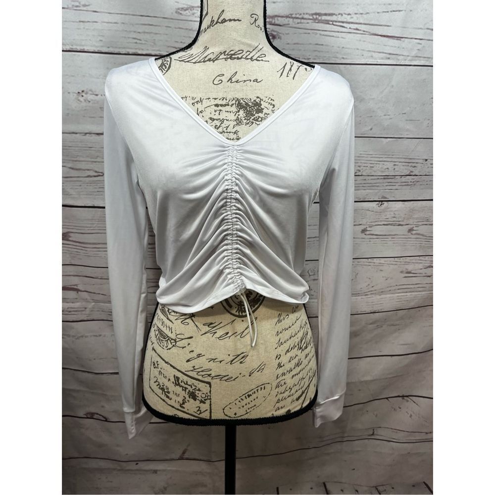Heroine Sport White Long Sleeve Top Ruched Drawstring V‎ Neck Athleisure